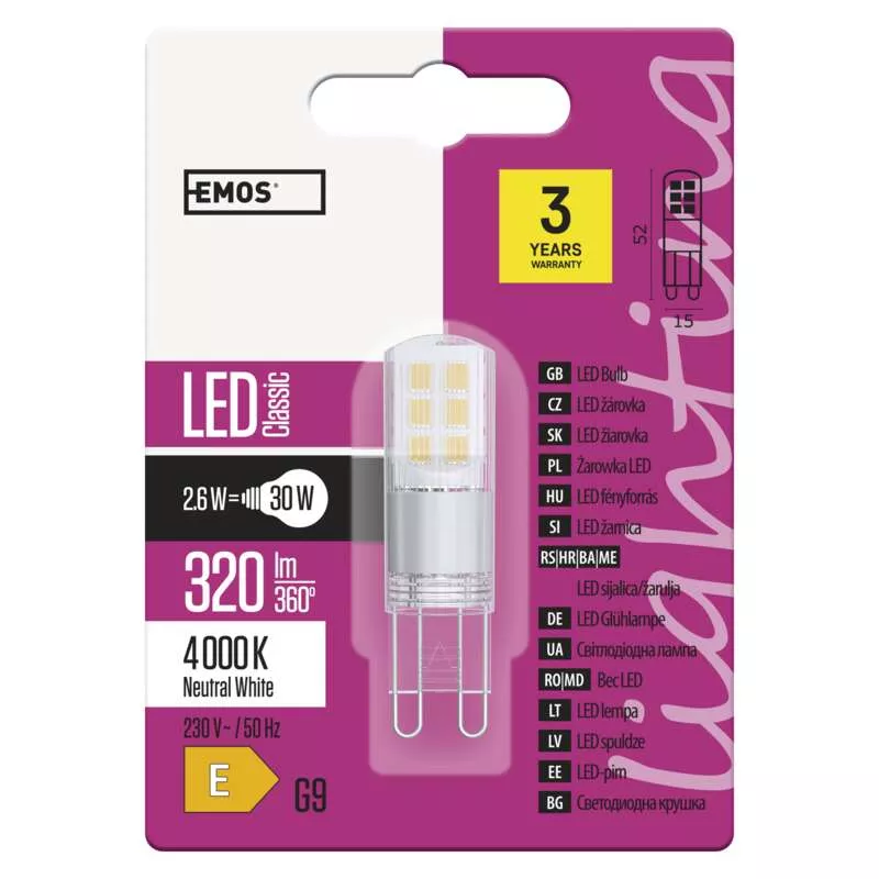 EMOS LED žárovka Classic JC 2,6W G9 neutrální bílá 1525736405