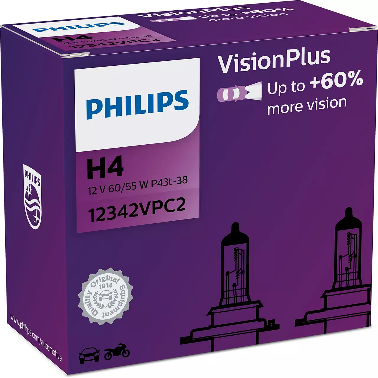 Philips H4 12V 60/55W P43t Vision Plus plus 60procent 2ks 12342VPC2