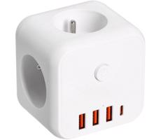 Rozbočovací zásuvka s vypínačem LINEA 3x230V + 4xUSB A/C bílá